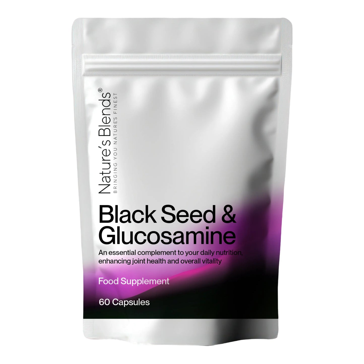 Packaging for Nature's Blends Black Seed Oil & Glucosamine supplement, housed in a stylish pouch with a white to purple gradient. The product is labeled to emphasize its rich anti-oxidant and anti-inflammatory properties, containing 60 capsules aimed at supporting joint health and reducing inflammation