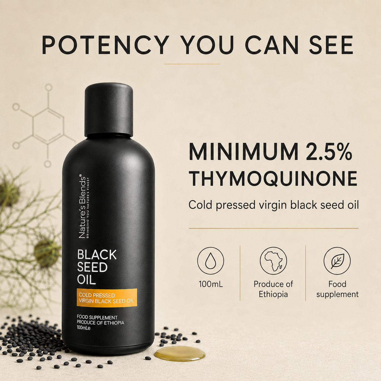 Black Seed Oil, Ethiopian, Raw Virgin Cold Pressed (100ml)